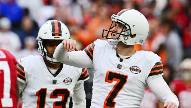 Oct 15, 2023; Cleveland, Ohio, USA; Cleveland Browns place kicker Dustin Hopkins (7) kicks a field goal during the second half against the San Francisco 49ers at Cleveland Browns Stadium.